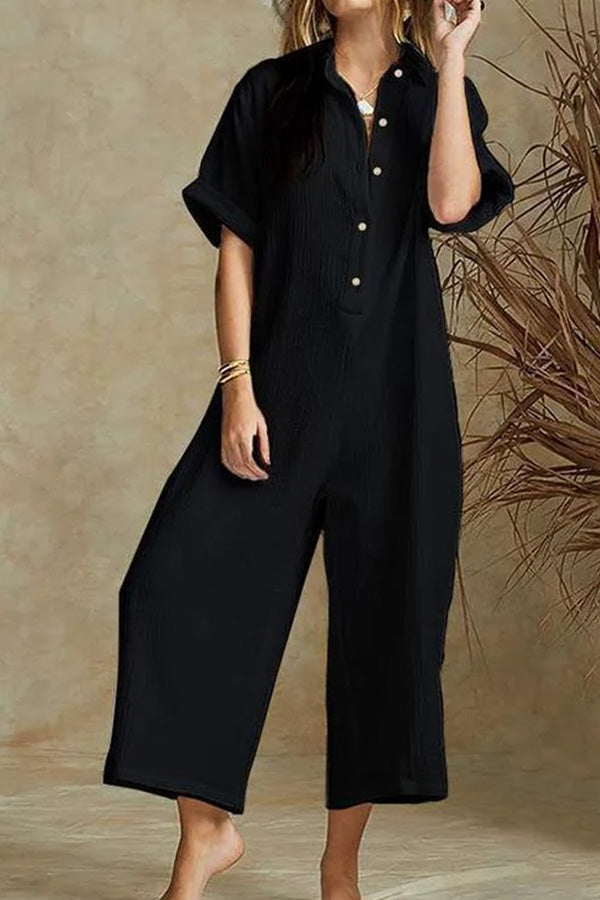 100% cotton women jumpsuit solid buttons loose romper wide leg pants plus size