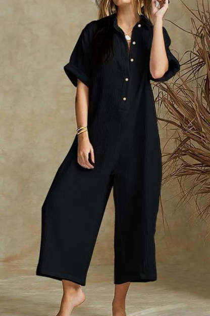100% cotton women jumpsuit solid buttons loose romper wide leg pants plus size