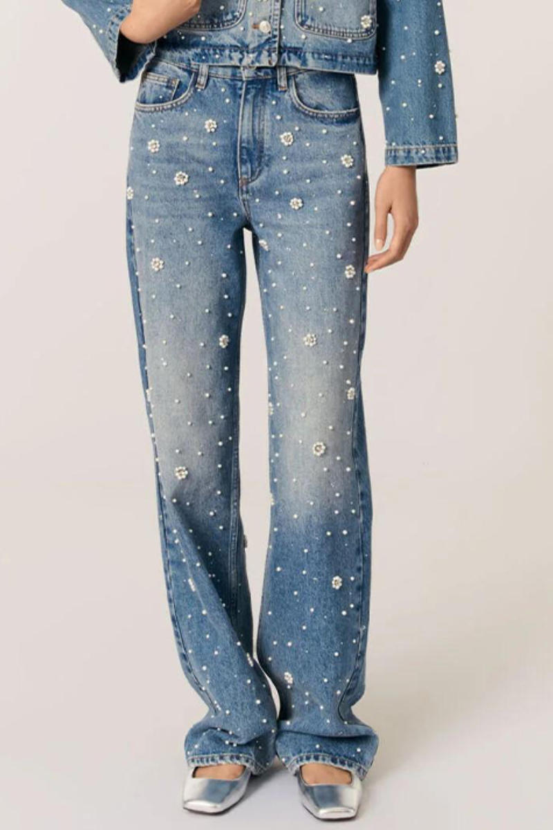 Women Round Neck Washed Beaded Jacket + Jeans Casual Suit