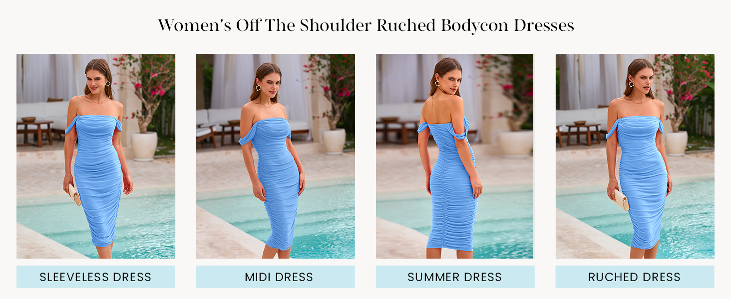 Women's Summer Off The Shoulder Ruched Bodycon Dresses