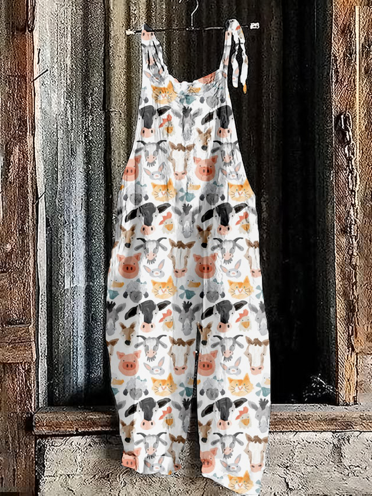 Cute Farm Animals Pattern Linen Blend Comfy Jumpsuit