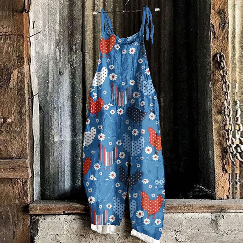 Farm Chicken Floral Farmhouse Style Art Linen Blend Casual Jumpsuit