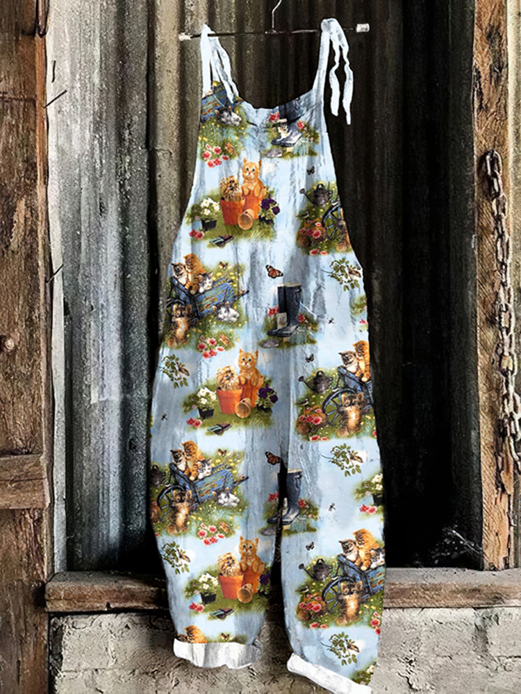 Cozy Kitten Garden Graphic Casual Loose Jumpsuit