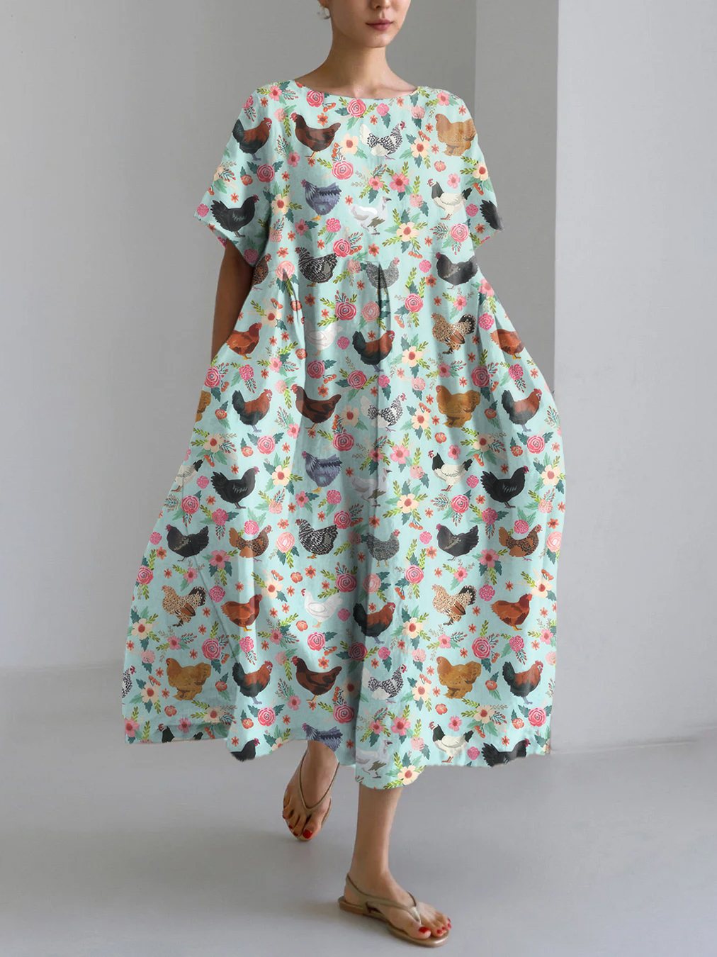 Farm Chicken And Floral Pattern Linen Blend Maxi Dress