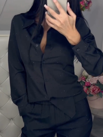 Women's Lapel Rhinestone Embellished Casual Shirt