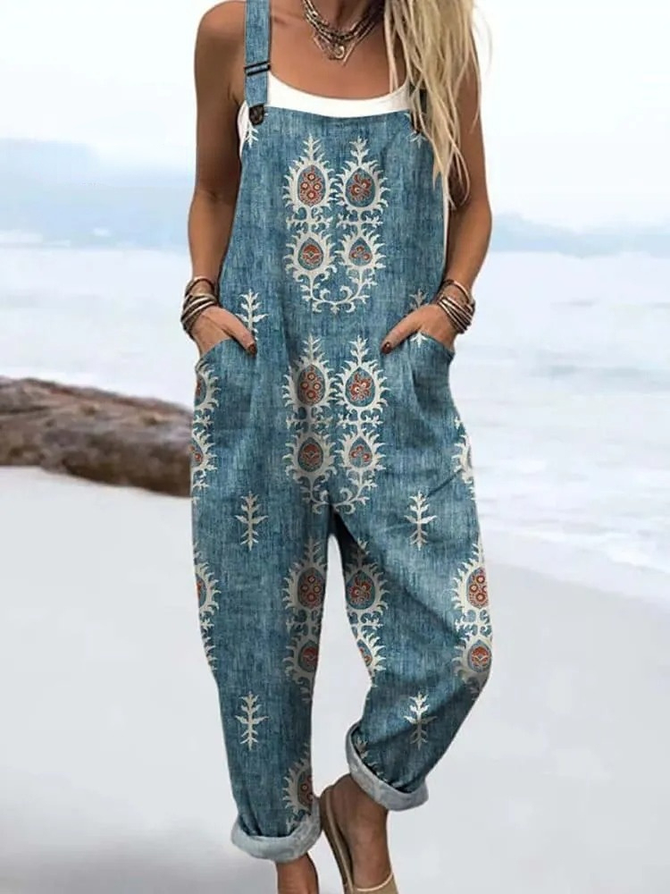 Women's Vintage Floral Pattern Art Print Casual 100% Cotton Wide Leg Jumpsuit