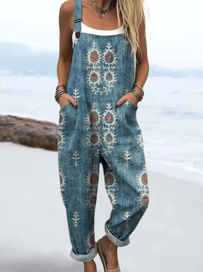 Women's Vintage Floral Pattern Art Print Casual 100% Cotton Wide Leg Jumpsuit