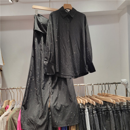 Ladies' Collar Hot Pressed Diamond Splicing Top+ Pants Casual Set+Tube Top Three-piece set