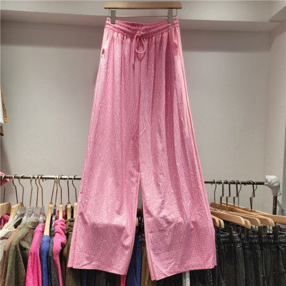 Ladies' Collar Hot Pressed Diamond Splicing Top+ Pants Casual Set+Tube Top Three-piece set