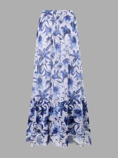 - blue and white porcelain swimsuit wrap skirt suits