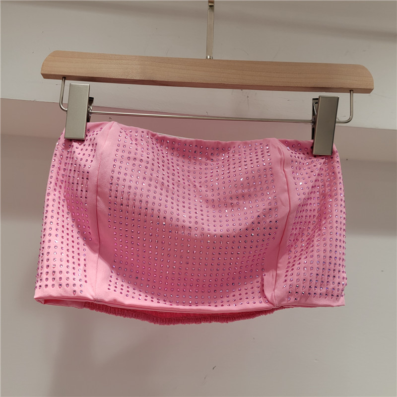 Ladies' Collar Hot Pressed Diamond Splicing Top+ Pants Casual Set+Tube Top Three-piece set