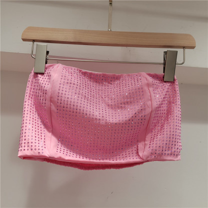 Ladies' Collar Hot Pressed Diamond Splicing Top+ Pants Casual Set+Tube Top Three-piece set