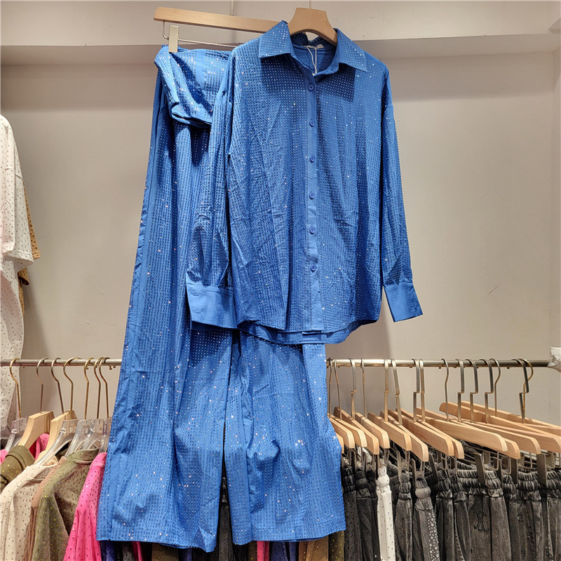 Ladies' Collar Hot Pressed Diamond Splicing Top+ Pants Casual Set+Tube Top Three-piece set