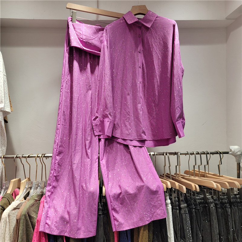 Ladies' Collar Hot Pressed Diamond Splicing Top+ Pants Casual Set+Tube Top Three-piece set