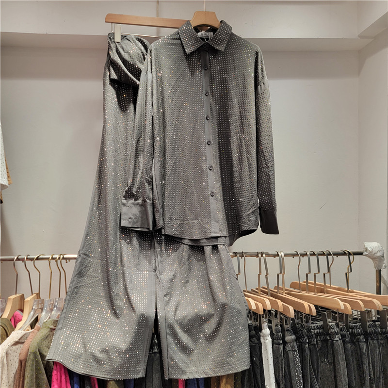 Ladies' Collar Hot Pressed Diamond Splicing Top+ Pants Casual Set+Tube Top Three-piece set