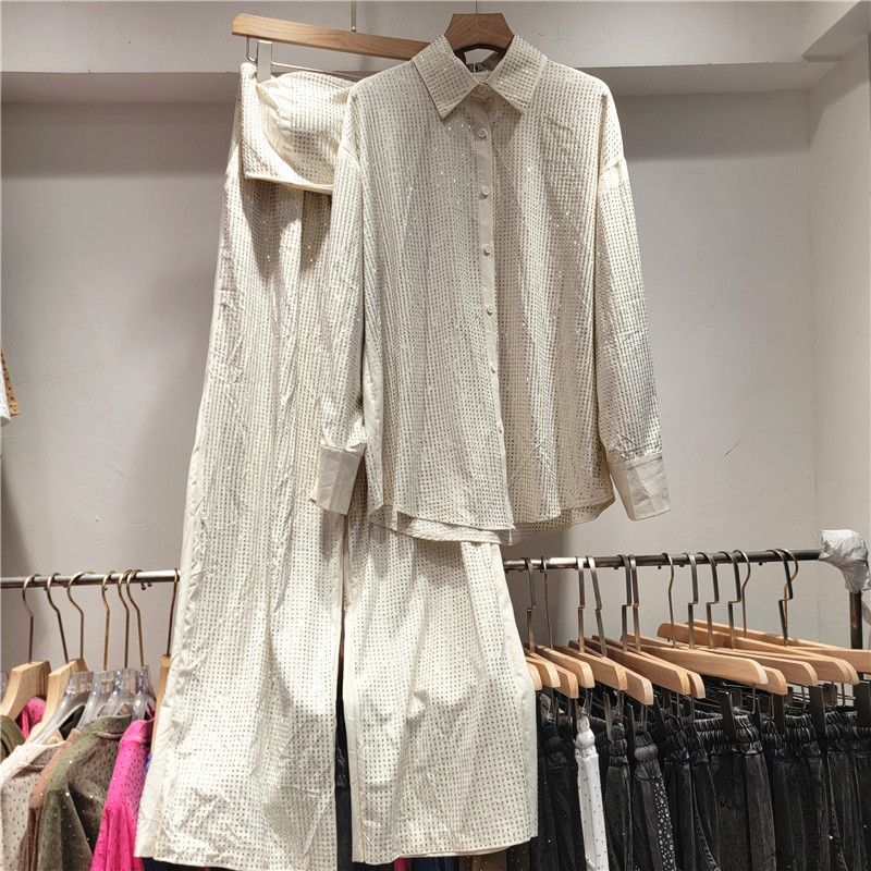 Ladies' Collar Hot Pressed Diamond Splicing Top+ Pants Casual Set+Tube Top Three-piece set