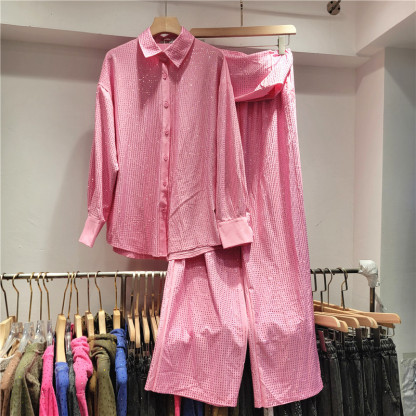 Ladies' Collar Hot Pressed Diamond Splicing Top+ Pants Casual Set+Tube Top Three-piece set