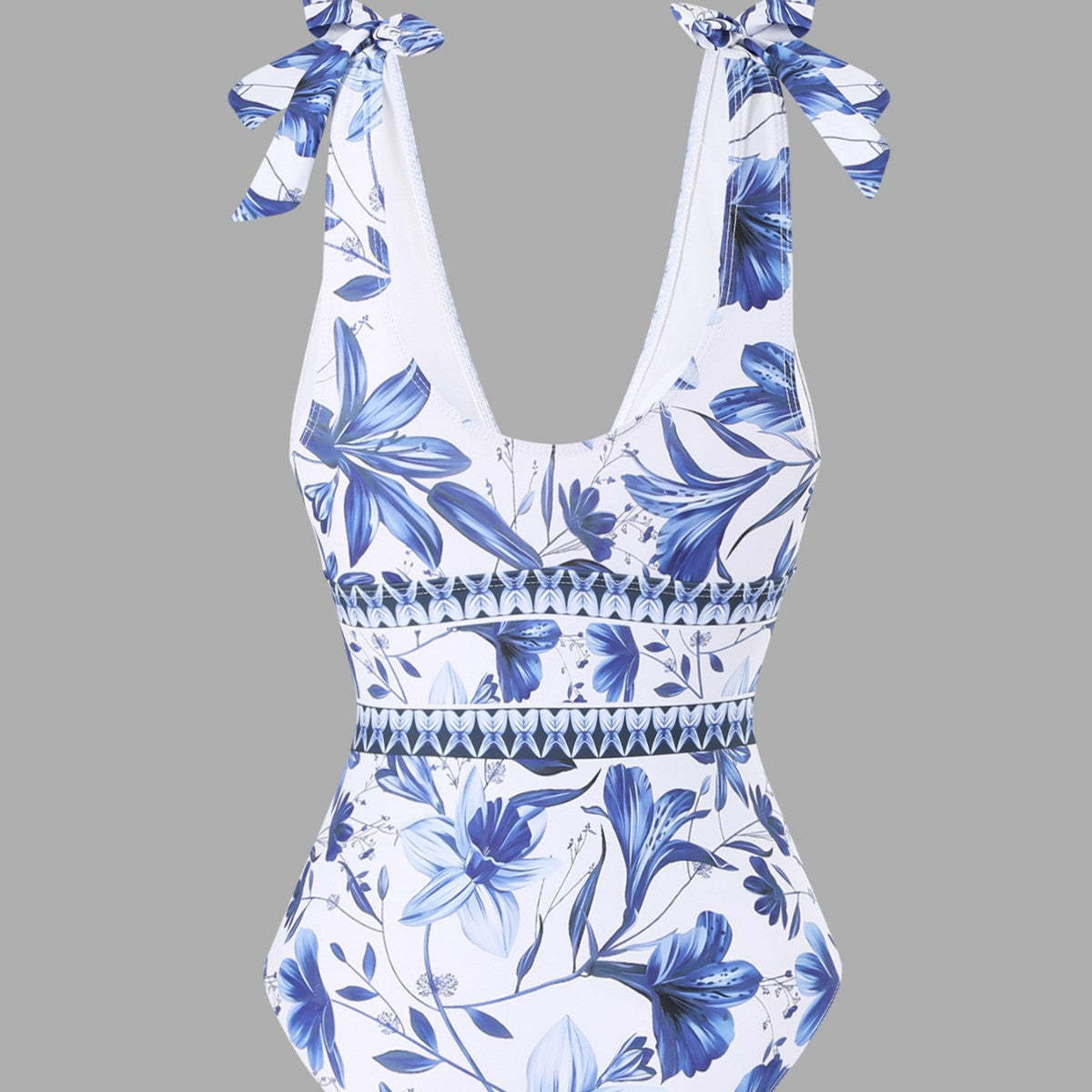 - blue and white porcelain swimsuit wrap skirt suits
