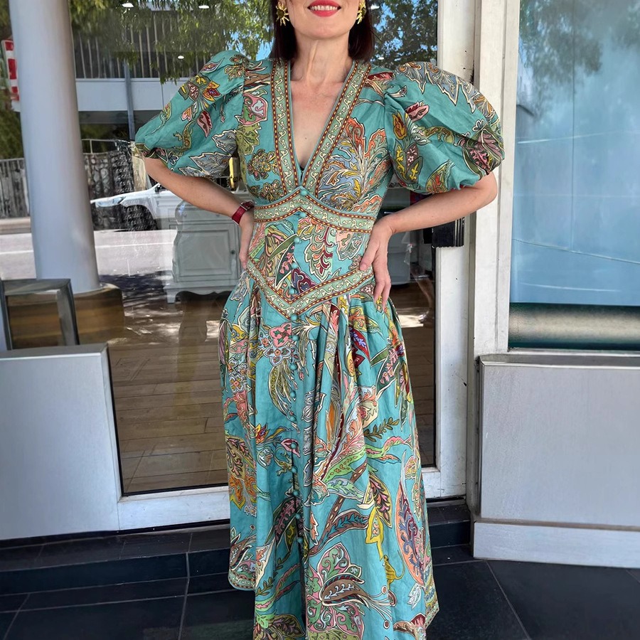 Chic Vacation Linen Blend Unique Print Button Puff Sleeve Pocket Maxi Dress