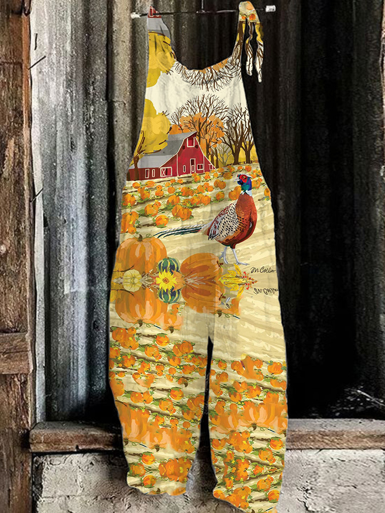 Farm Style Pumpkin And Bird Print Casual Jumpsuit