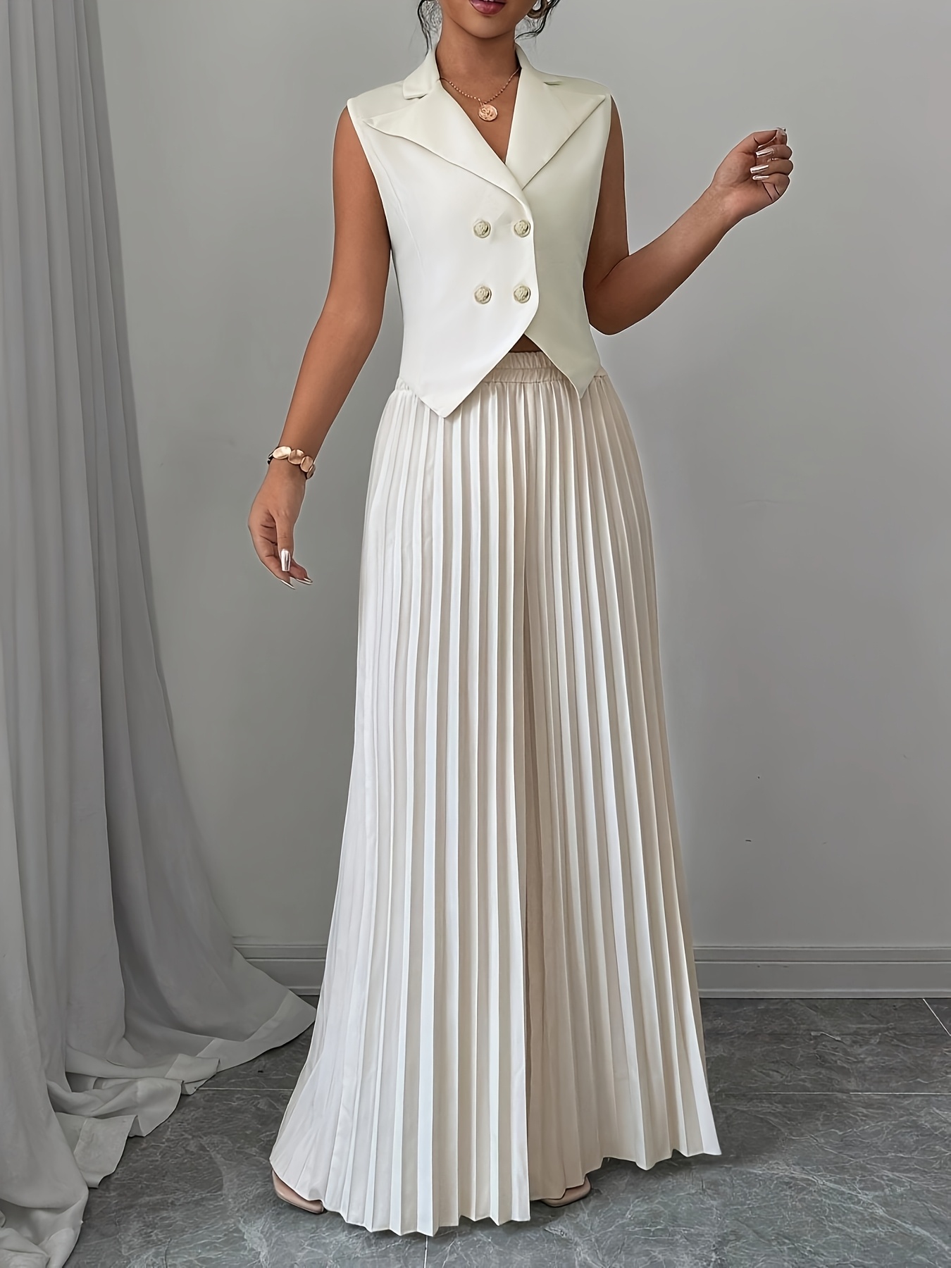 Elegant Solid Color Blazer & Pleated Wide-Leg Pants Set for Women - Machine Washable,