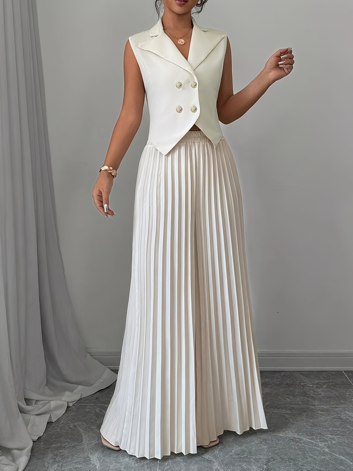 Elegant Solid Color Blazer & Pleated Wide-Leg Pants Set for Women - Machine Washable,