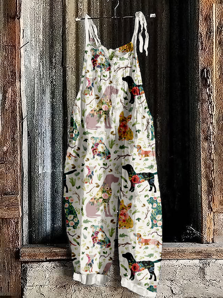 Vintage Patchwork Dogs Pattern Linen Blend Jumpsuit
