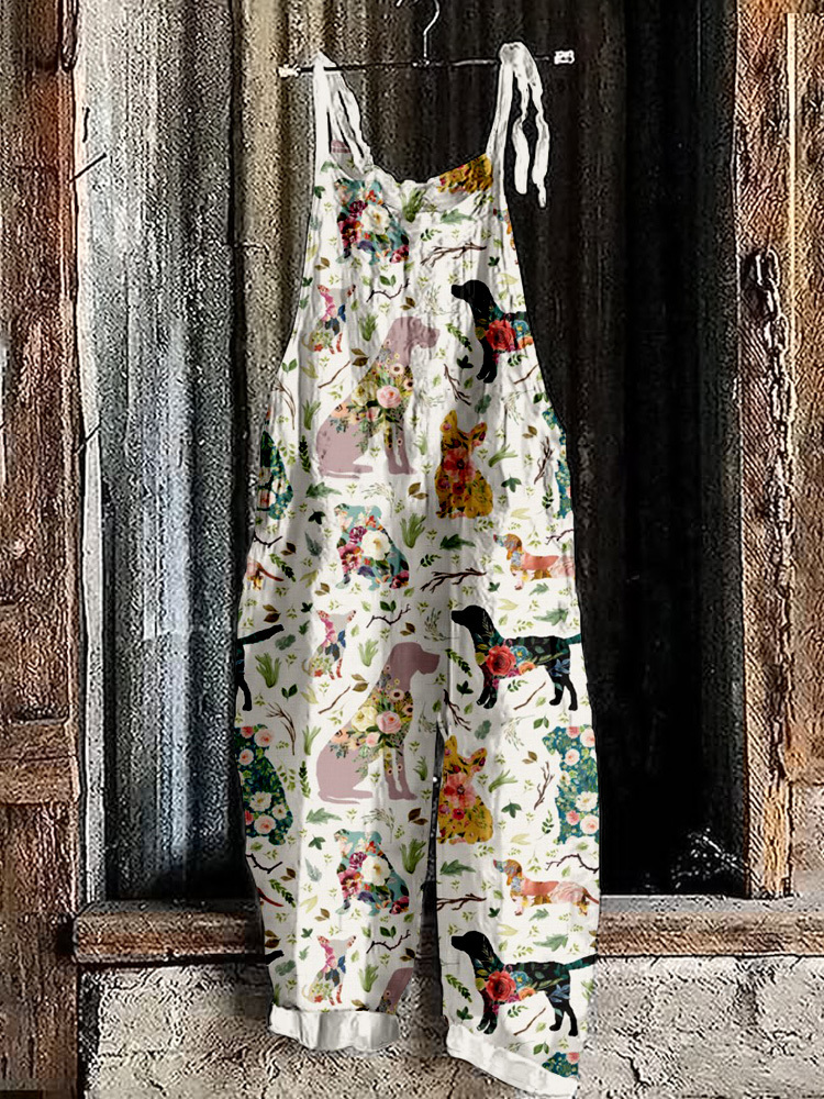 Vintage Patchwork Dogs Pattern Linen Blend Jumpsuit