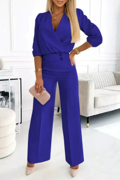 Women's solid color v-neck two-button 2-piece trouser suit