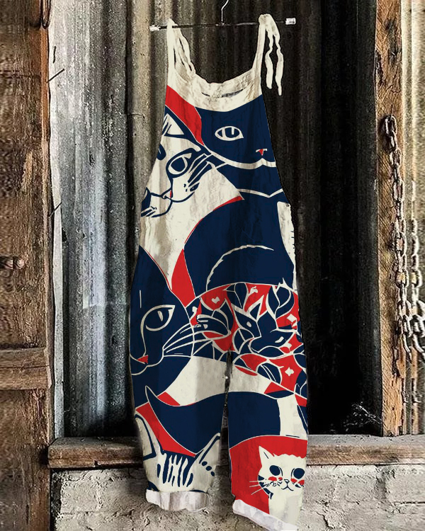 Cute Black Cat Family Art Print Loose Jumpsuit