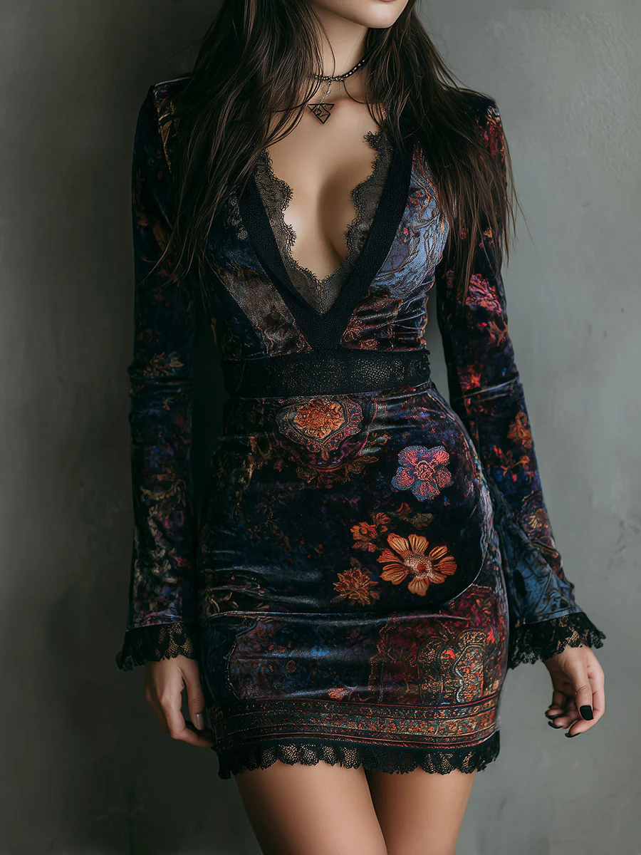 Mini Slim-fit Suede Dress with Floral Print and Lace
