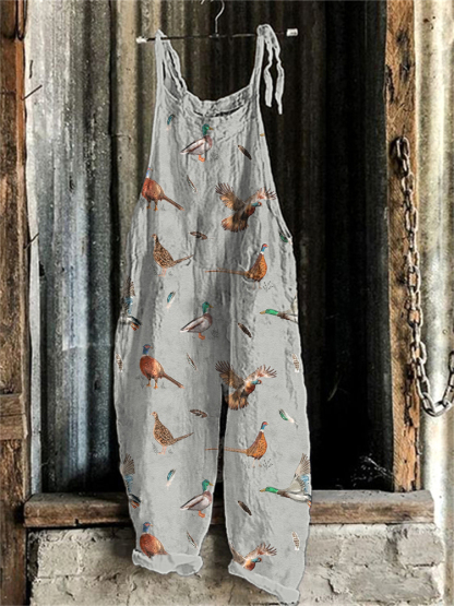 Birds & Farm Animals Print Linen Blend Jumpsuit