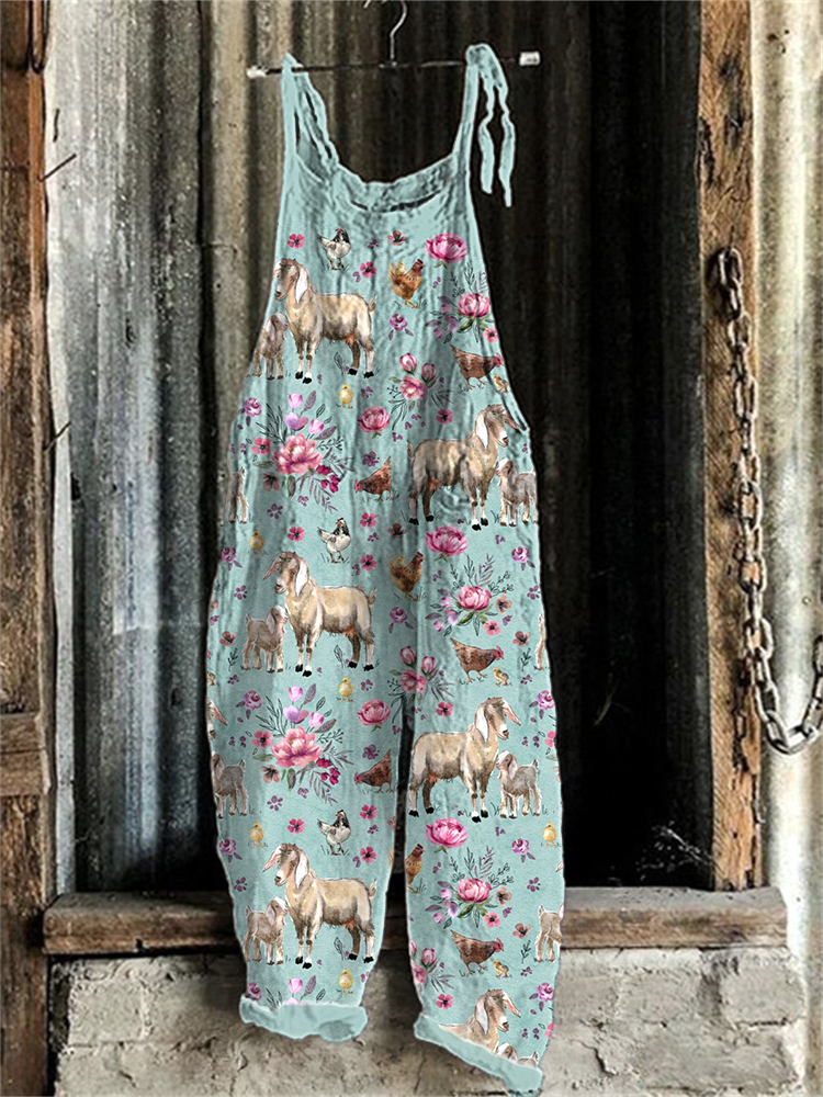 Floral Farm Animals Print Linen Blend Casual Jumpsuit