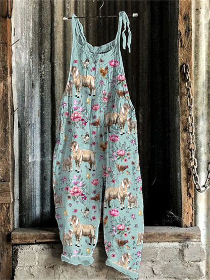 Floral Farm Animals Print Linen Blend Casual Jumpsuit