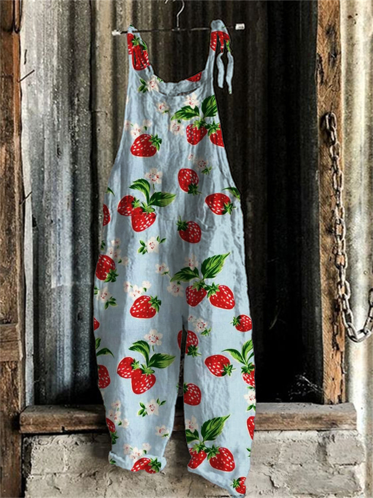 Cottage Strawberry Floral Linen Blend Jumpsuit