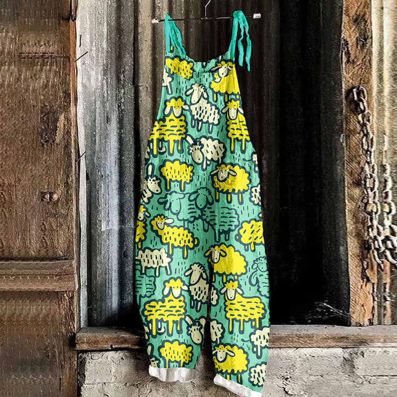 Farm Sheep Pattern Linen Blend Jumpsuit