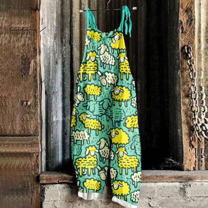 Farm Sheep Pattern Linen Blend Jumpsuit