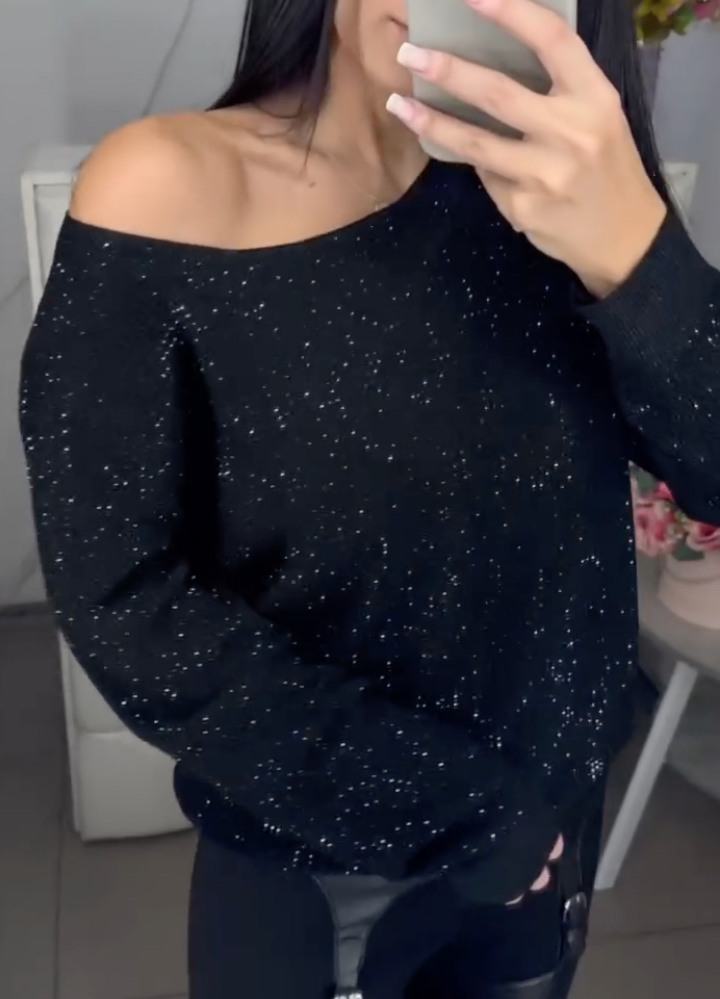 Women's V-neck Casual Top with Hotfix Rhinestones