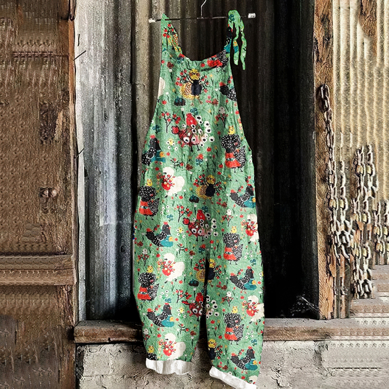 Cute Floral Chicken Pattern Linen Blend Comfy Jumpsuit