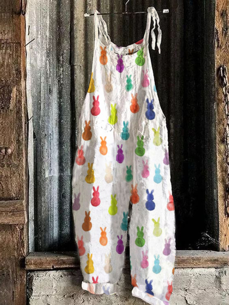 Watercolor Rabbits Print Linen Blend Loose Jumpsuit