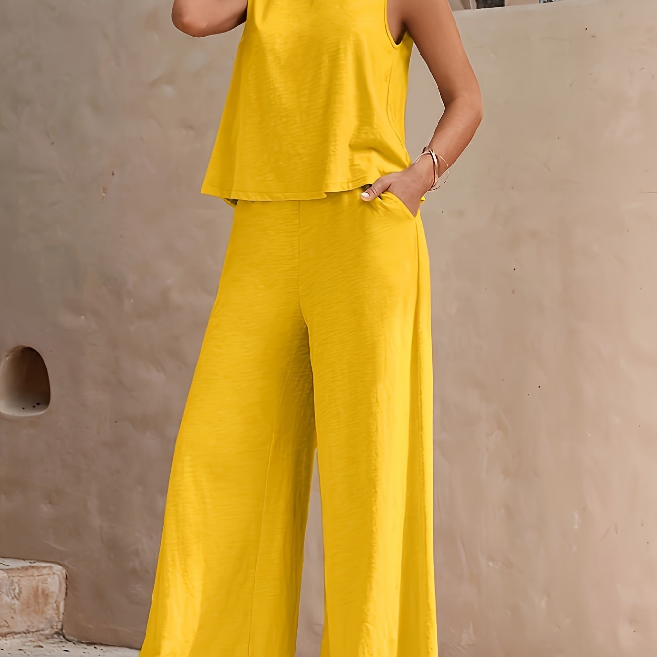 Solid Elegant Two-piece Set, Sleeveless Tank Top & Wide Leg Loose Pant