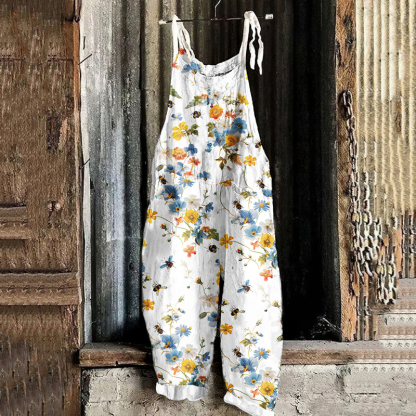 Casual Farm Bees and Floral Art Print Jumpsuit
