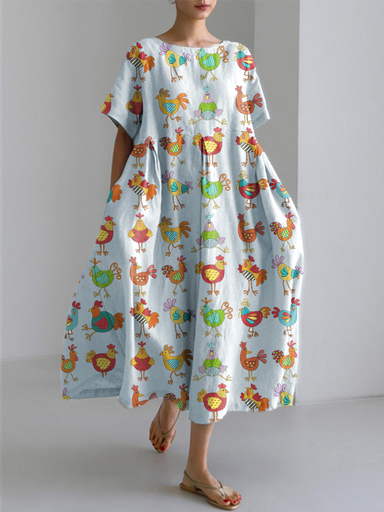 Funny Chicken Embroidery Pattern Linen Blend Dress