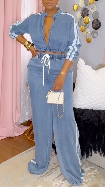 Ladies' Round Neck Patchwork Striped Casual Suit