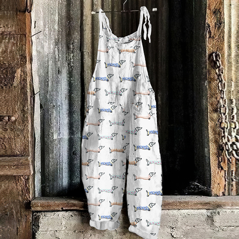Dog Embroidery Pattern Linen Blend Casual Jumpsuit