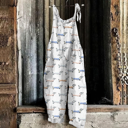 Dog Embroidery Pattern Linen Blend Casual Jumpsuit