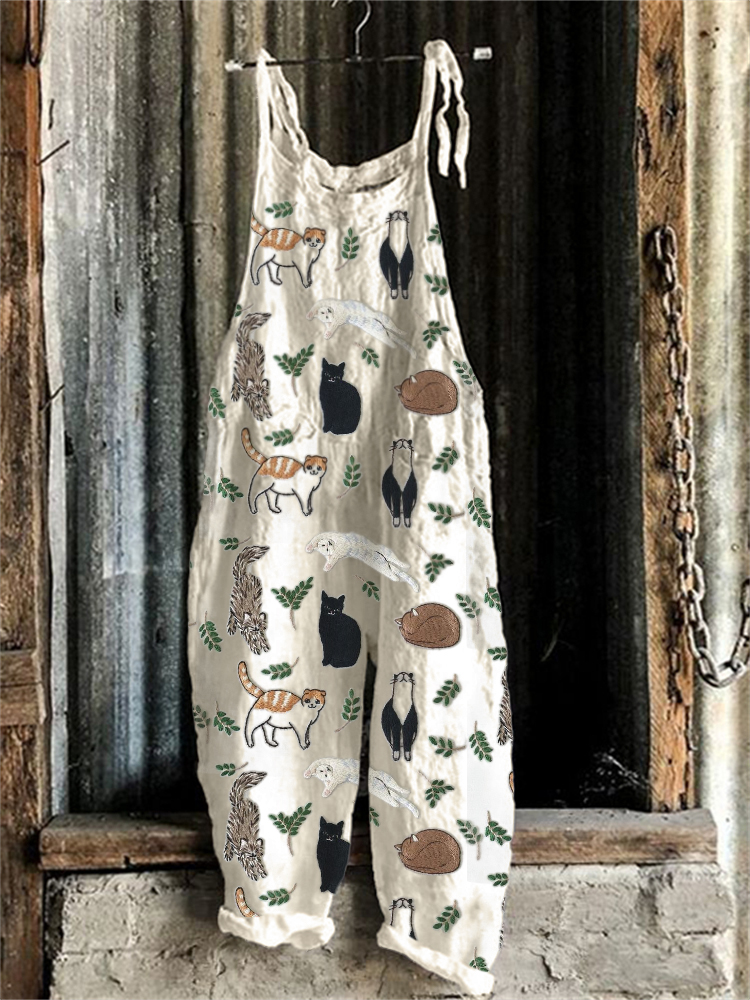 Cats & Leaves Embroidery Pattern Linen Blend Jumpsuit
