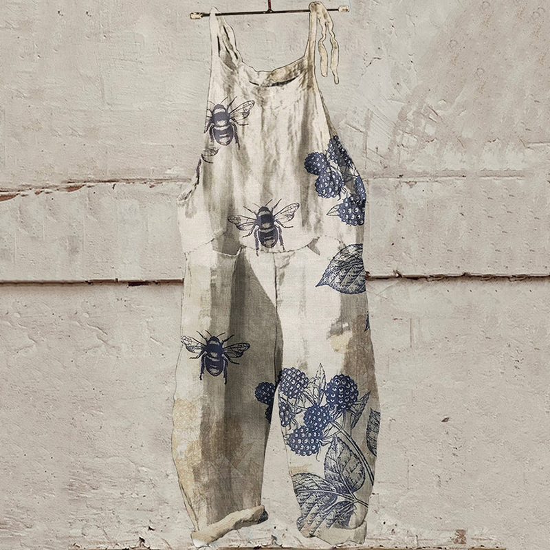 Women's Bee Art Print Linen Blend Loose Fit Comfy Jumpsuit