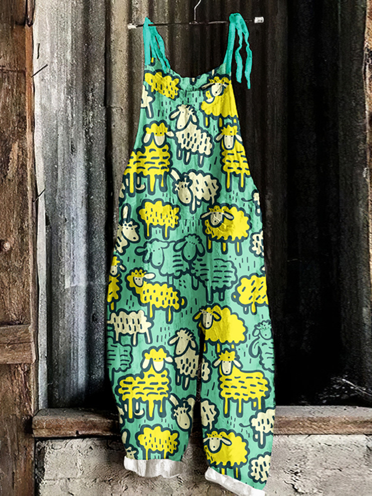 Farm Sheep Pattern Linen Blend Jumpsuit