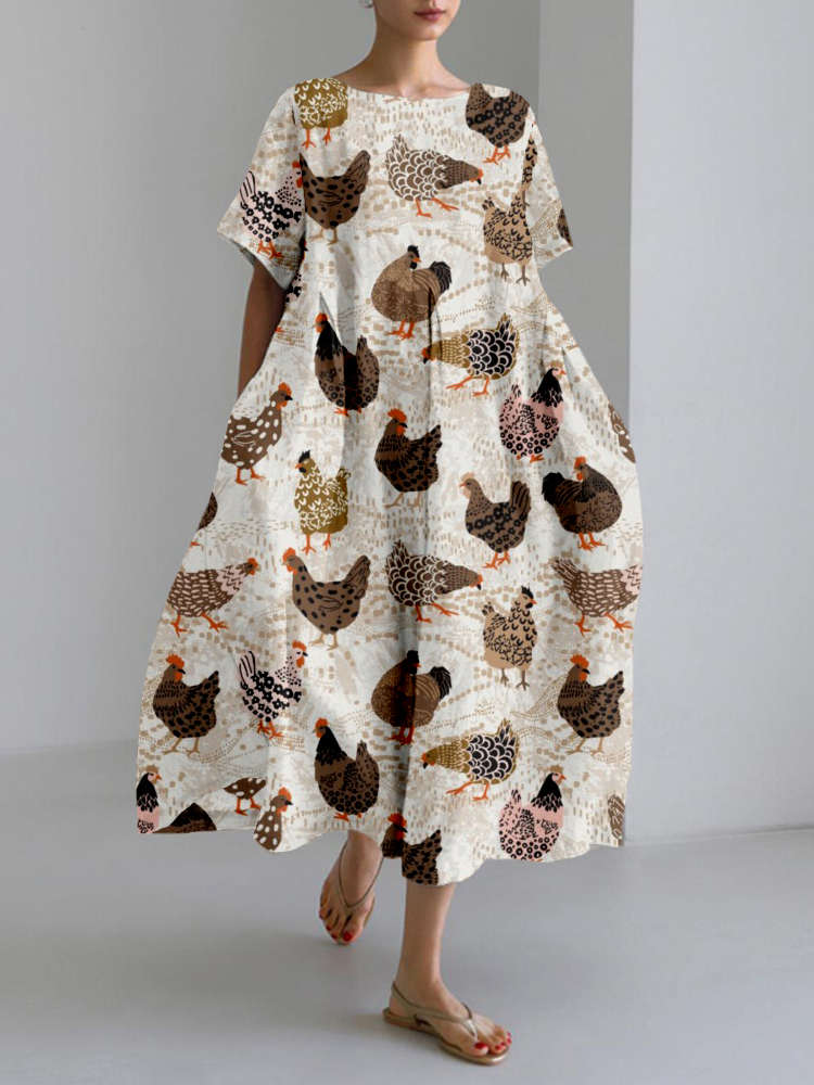 Cute Chickens Pattern Linen Blend Maxi Dress